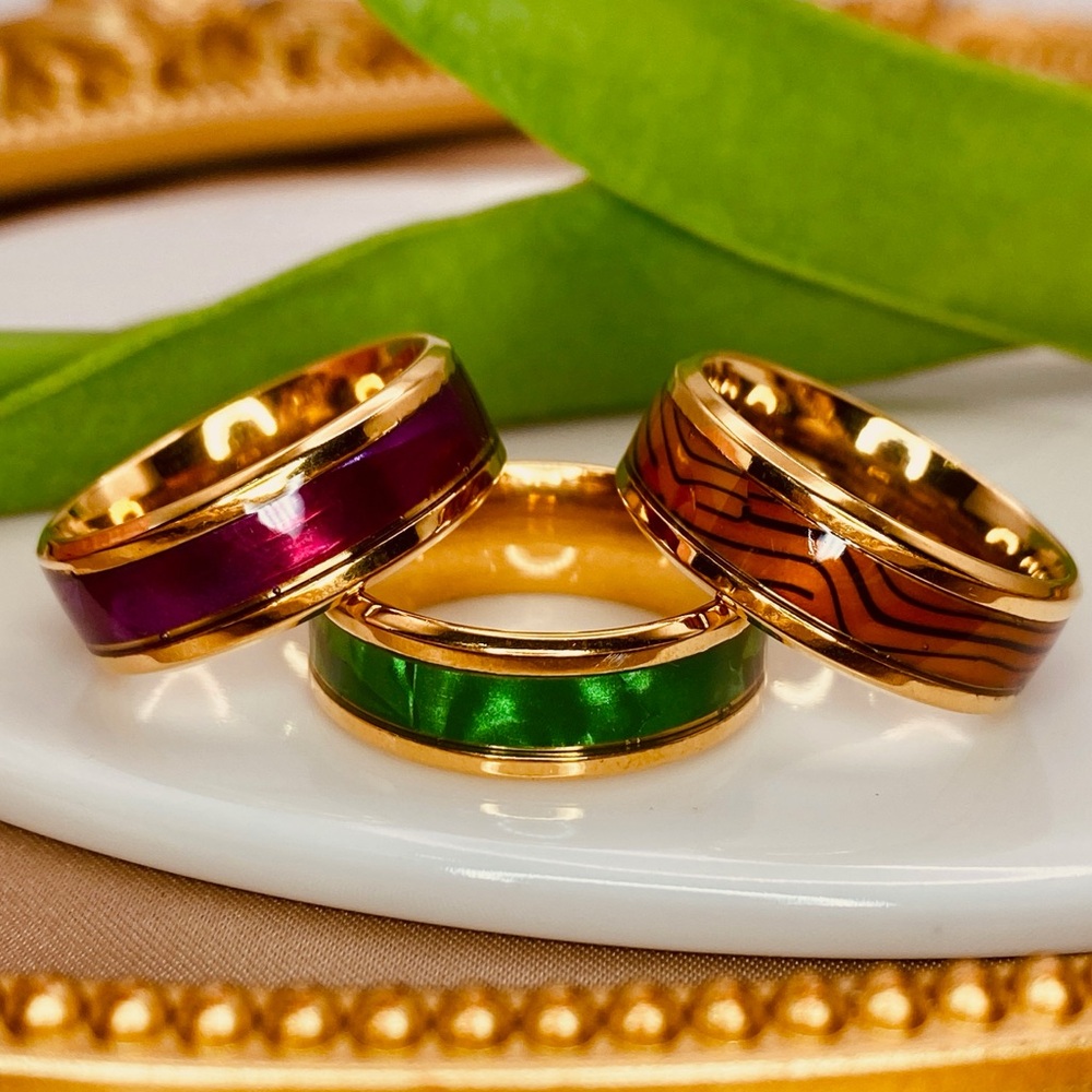 Titanium Steel Amber Green Purple Opal Strips Design Wedding Band Gold 
Ring
